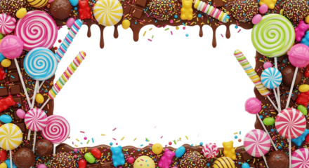 3D candy and sweets-themed frame with lollipops, chocolate, and sprinkles covering every corner, bright and fun
