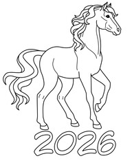 Horse symbol 2026, animal of Chinese horoscope - vector linear image of animal for coloring. Outline. Horse and inscription 2026 for coloring