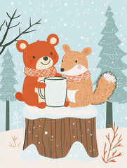 Friendly forest scene with a bear and squirrel sharing cocoa on a snowy stump, made for seasonal home printable decor and wall use