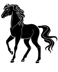 A horse, a domestic animal symbolizing 2026, is a vector silhouette image suitable for a logo, pictogram, or stencil. A mare silhouette, a purebred, graceful animal, is suitable for a stencil.