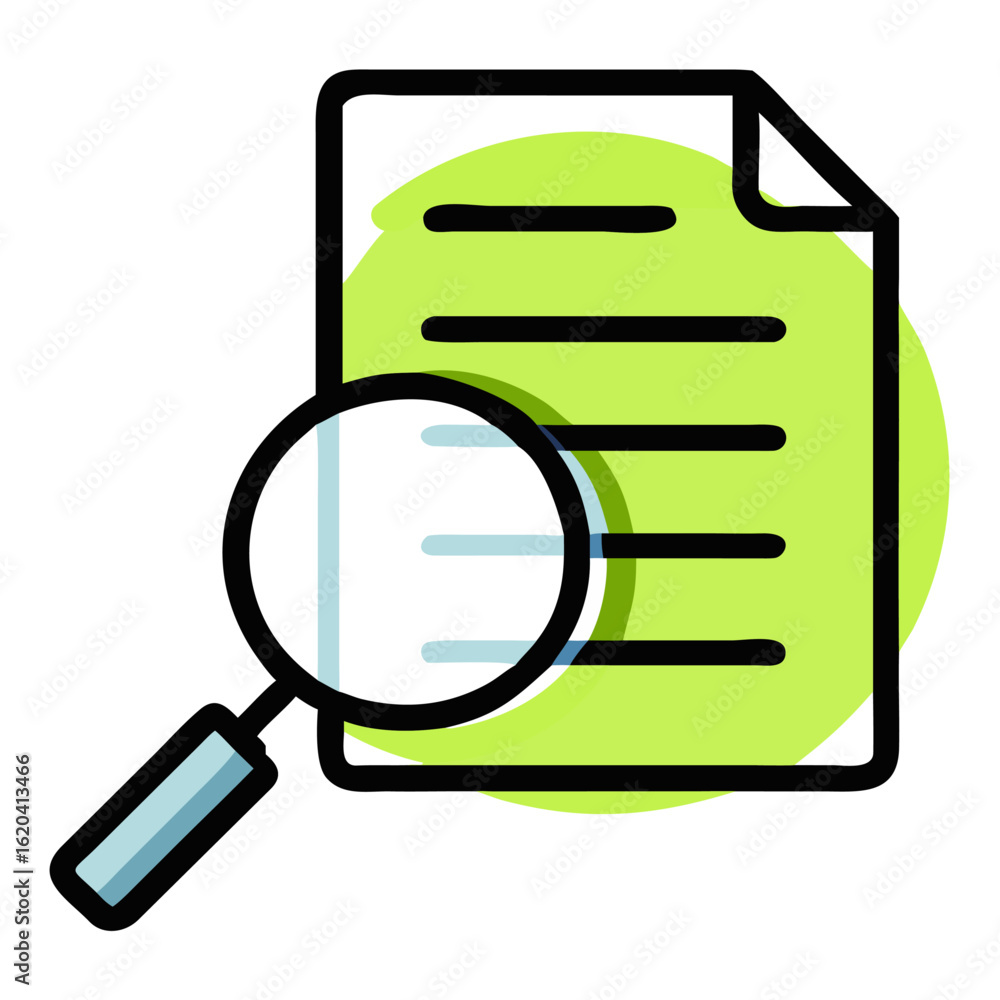 Poster magnifying glass over document isolated on white background for data analysis and information resear