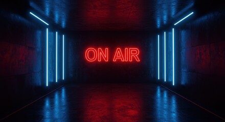 Neon tubes and On Air sign illuminate a grungy concrete room with vibrant blue and red light