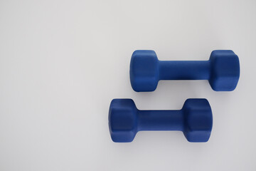 Pair of blue dumbbells on a white background. Top-down view of fitness weights, suitable for home workout or gym equipment concepts.