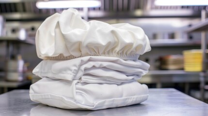 Obraz premium A stack of white kitchen towels in a professional kitchen setting.