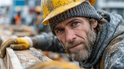 Close-Up Portrait of Construction Worker Wearing Safety Gear While Working at a Dusty Outdoor Building Site
