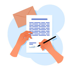 Human hand signing legal document. Verification of agreement sheet. Flat vector illustration.