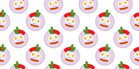 Fried eggs Sausage Greens and Tomato slices on Circle Plate Cute food faces Seamless Pattern Banner