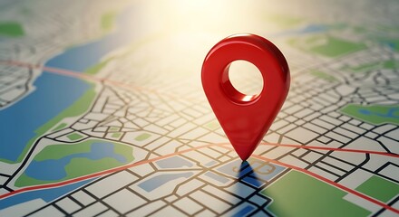 Red map pin marker on a blurred city street map with sunlight location navigation