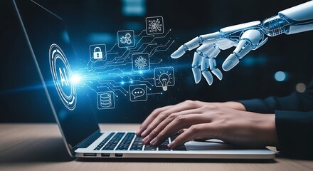 Robot arm and human hands interacting with A I interface on laptop screen AI artificial intelligence technology