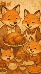 Fox family enjoying Thanksgiving feast
