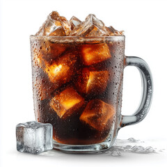Glass cup of iced coffee, filled with ice cubes, isolated on white background.