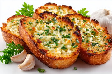 Golden-brown slices of garlic bread, topped with melted cheese, fresh garlic pieces, and chopped parsley, accompanied by garlic cloves.