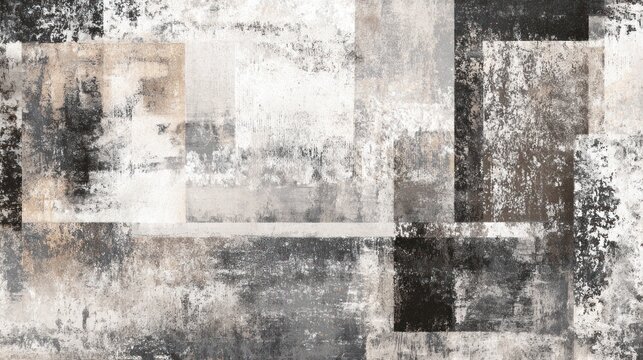 Abstract artwork composed of overlapping rectangles and textures in muted grayscale and beige tones