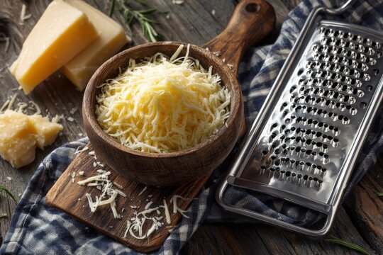 Grated cheese in a wooden bowl with cheese block and grater on rustic table