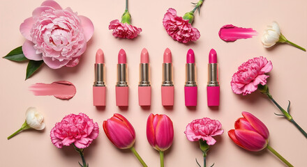 Glossy lipstick swatches arranged with pink flowers on a soft background
