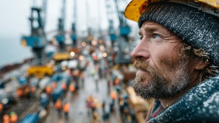 Side Profile of Construction Worker in Safety Gear Overlooking Busy Job Site With Equipment in the Background
