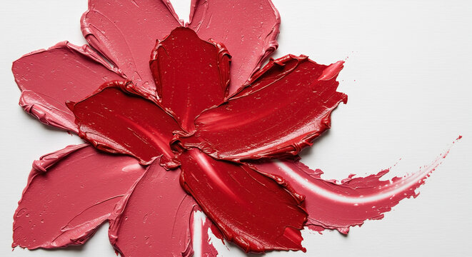 Glossy red and pink lipstick swatches in a flower shape on a white background