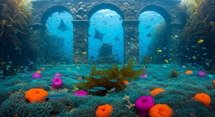 Submerged ancient temple revealing vibrant coral reef teeming with marine life
