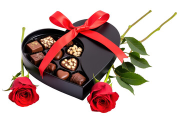 Chocolate box with roses valentine's day gift isolated on transparent background