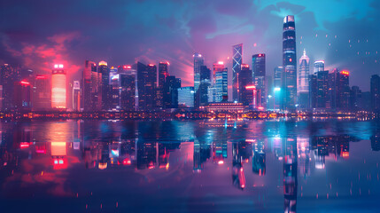 Glowing Cityscape at Night: A Digital Fantasy, in high resolution clean minimal style stock photo illustration background image ideal for templates advertisements and web banners showcasing modern aes