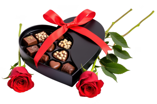 Chocolate box with roses valentine's day gift isolated on transparent background