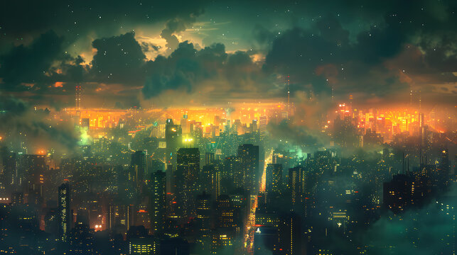 Glowing Cityscape at Night: A Digital Fantasy, in high resolution clean minimal style stock photo illustration background image ideal for templates advertisements and web banners showcasing modern aes