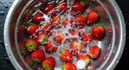 Top-Down Fruit Washing Scene with Cold Water and Red Strawberries in Steel Bowl