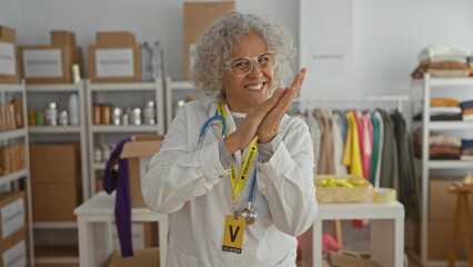 Woman smiling in charity center with donations, wearing glasses, stethoscope, volunteer badge,...