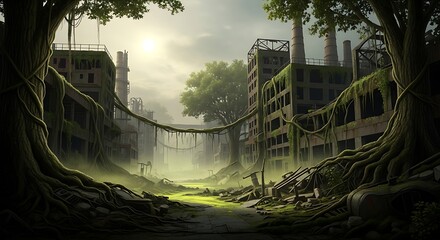 Overgrown nature taking over decaying factories in a bleak, dystopian landscape