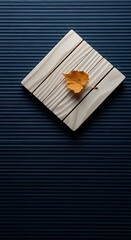 Single golden autumn leaf resting on a wooden surface against a dark blue ribbed background golden leaf