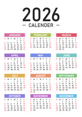 2026 Calendar Year Planner Template Vector Illustration. Monthly Organizer Design Set
