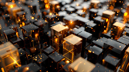 Fototapeta premium Golden and Black Reflective Cubes Cityscape white isolated background : Batch, in high resolution clean minimal style stock photo illustration background image ideal for templates advertisements and w