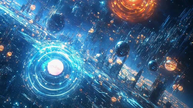 Futuristic metropolis expanding in outer space with glowing spheres