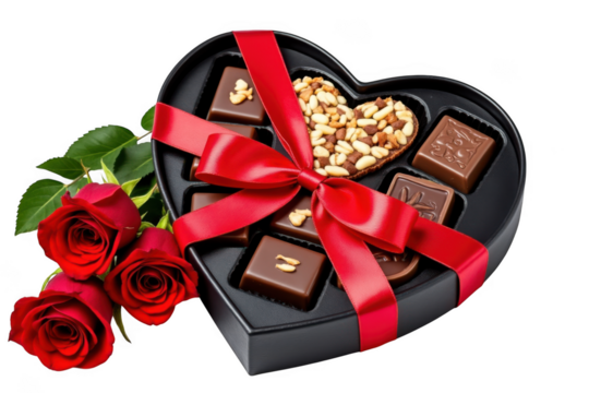 Heart chocolate box with roses romantic gift isolated on transparent background