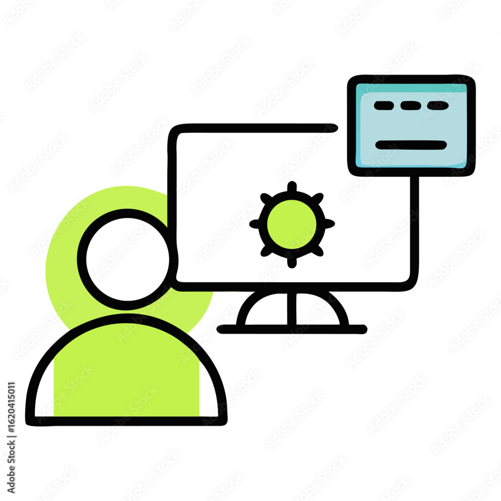 Poster computer screen showing a virus with a user avatar isolated on white background for cybersecurity co