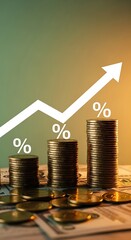 Stacks of gold coins with percentage symbols and upward trending arrow money finance