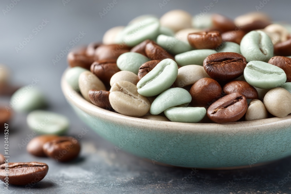 Poster Different types of coffee beans displayed in a bowl highlighting various stages of processing and roasting