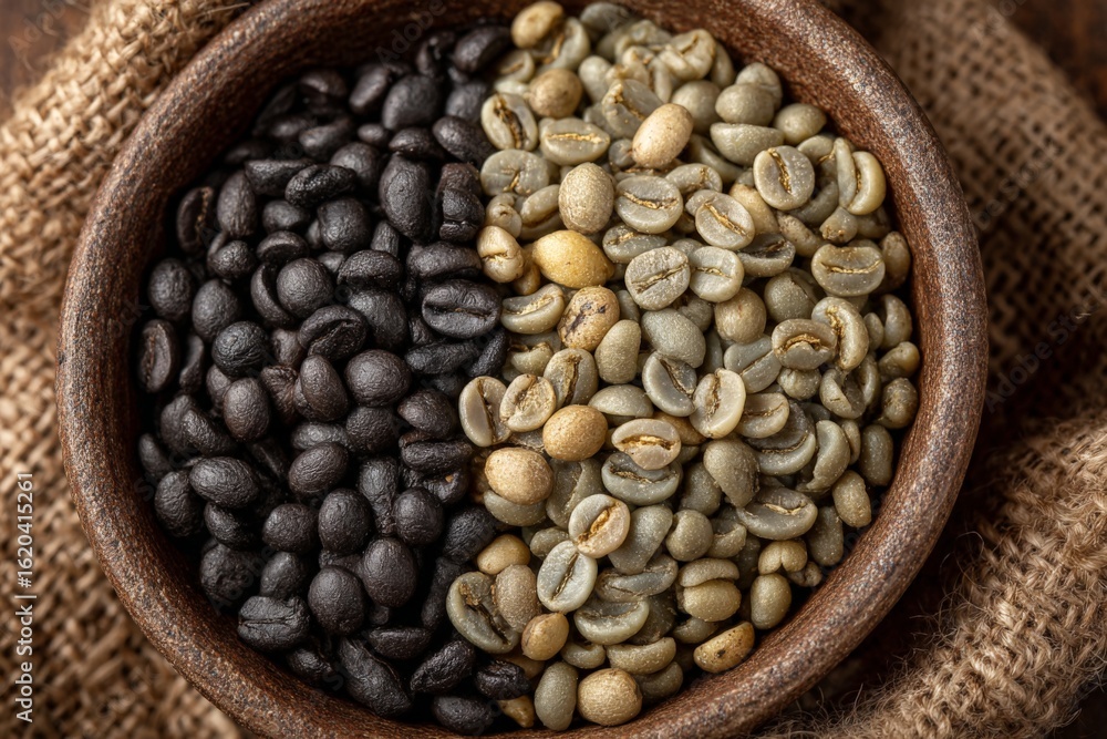 Poster coffee beans split by color in a rustic bowl on burlap fabric capturing the essence of coffee select