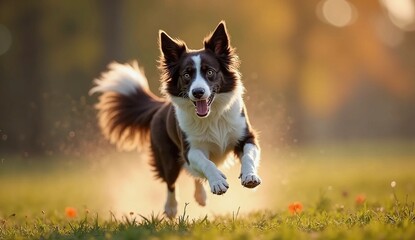 Portrait of a border collie running in a park with a blurred background.