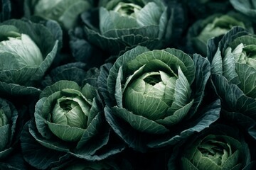 Obraz premium Freshly harvested green cabbages arranged beautifully in a market display early in the morning