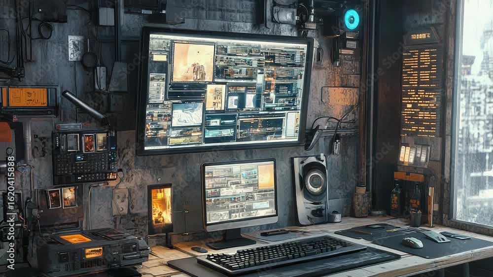 Poster futuristic workstation showing complex data on multiple screens in cozy room