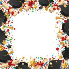 Graduation-themed frame with caps, diplomas, stars, and confetti around all four sides, festive layout, white center