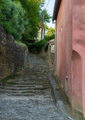 Narrow cobblestone street winding through historic Motovun in Istria, Croatia. Medieval charm and...