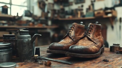 Brown leather brogue boots on a wooden workbench in a shoe repair shop