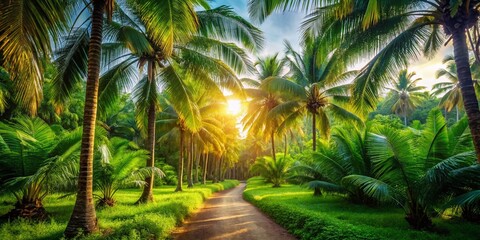 Lush Green Palm Tree Path - Tranquil Sunny Nature Scene Stock Photo