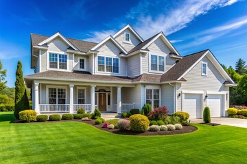 Serene Modern Two-Story Home, Pristine White Exterior, Blue Sky, Lush Lawn - Stock Photo
