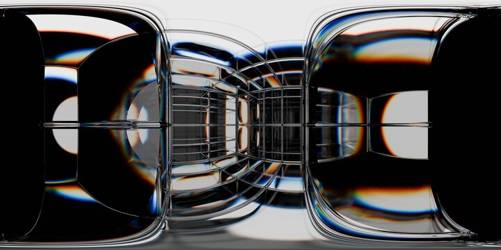 360-degree HDRI of a dark reflective glass tunnel with rainbow lighting and clean architectural curves. Ideal for product visualizations, lighting design, and CGI environments.