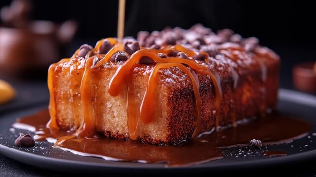 Caramel-drizzled cake with chocolate chips