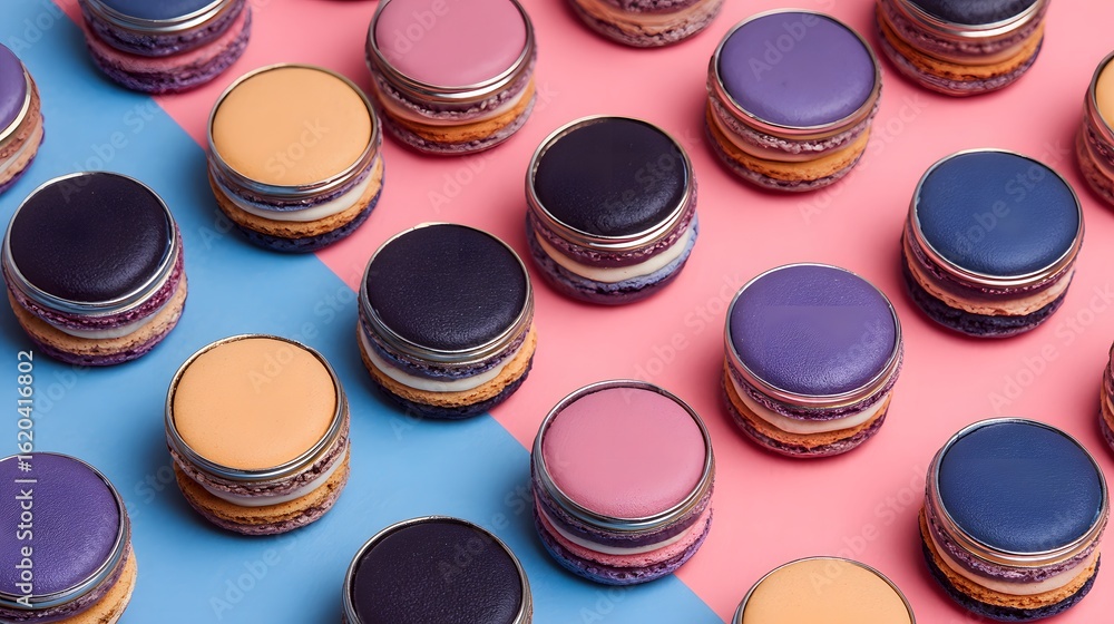 Poster colorful macarons arranged in a symmetrical pattern on a two-tone background.