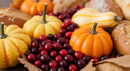 Autumn Harvest Still Life with Fresh Cranberries, Mini Pumpkins, and Rustic Bread Assortment